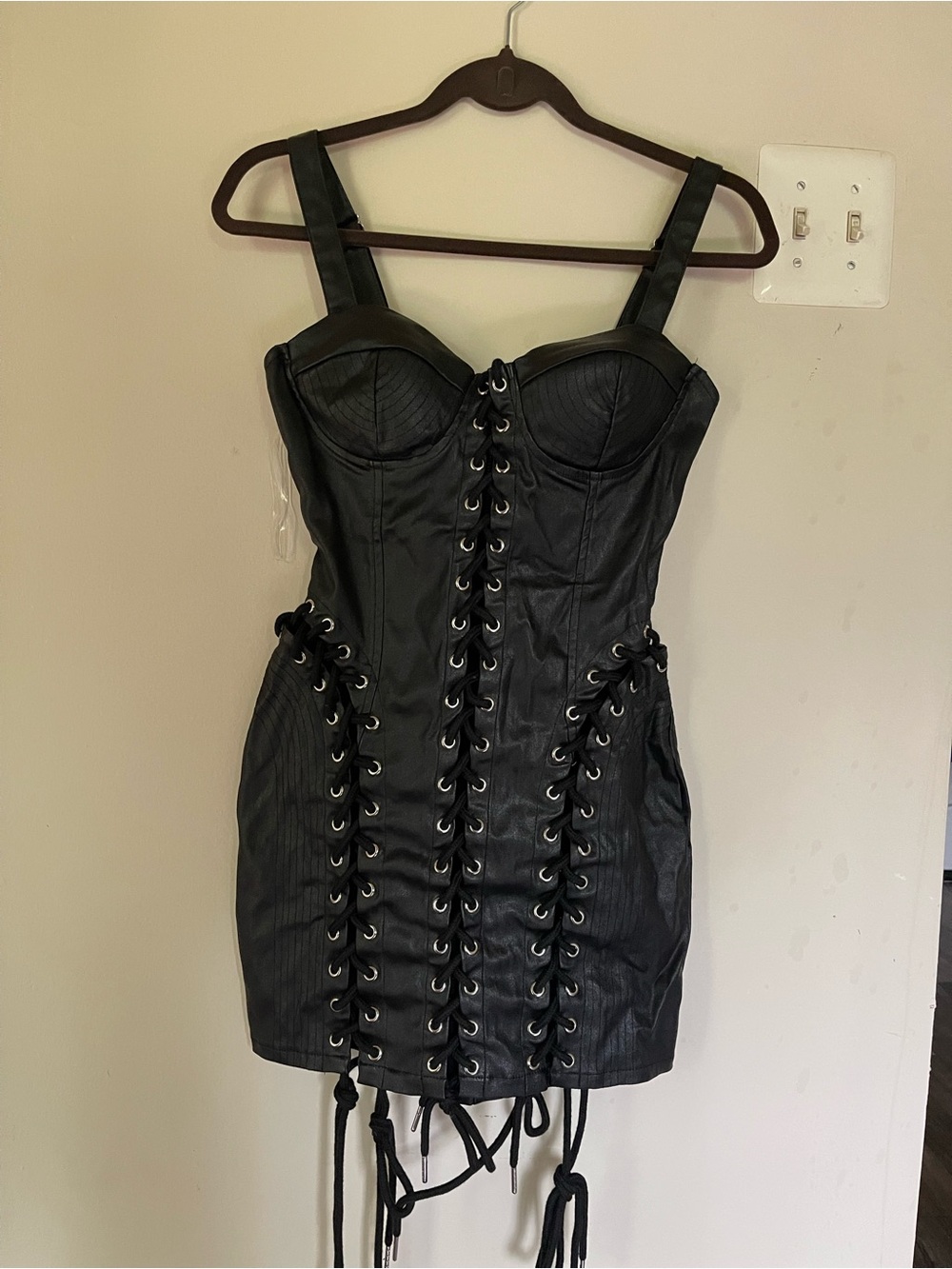 AKIRA Black Lace-Up Faux Leather Mini Dress